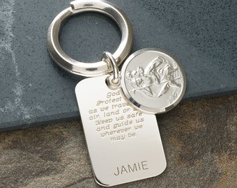 Silver St Christopher Keyring with Traveller's Prayer & Personalised Front Name - Saint Christopher keychain key ring - Gift for Him