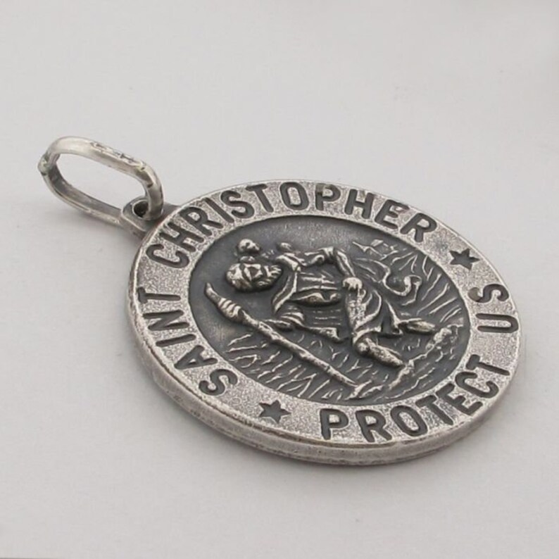 Oxidised Silver Religious Saint Jewellery Travelling Gift for Him Her Personalised Silver St Christopher Antique Finish 21mm Medal Pendant