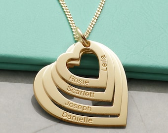 9ct Gold Family 4 Hearts Personalised Pendant or Necklace, Engraved with 4, 5, 6 Names - Chain Option - Christmas Gift Idea for Mum, Wife