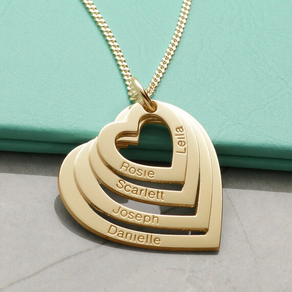 9ct Gold Family 4 Hearts Personalised Pendant or Necklace 