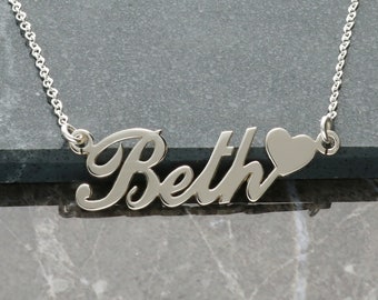 Silver Name and Heart Necklace in Carrie Script Style (Any Name)- Personalised Jewellery Gift Idea for Women. Girls, Wife, for Her