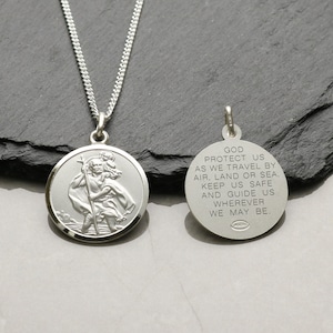 Silver St Christopher Travellers Prayer Medal - Saint Christopher Pendant Necklace 20mm & Silver Chain Option - Gift for Him Son Travelling