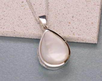 Silver Teardrop Personaised Picture Locket with Mother of Pearl Inlay, Engraved Locket for 2 Photos, Necklace or Pendant Option