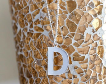 Sterling Silver Initial Letter Pendant Necklace (Any Initial Letter) with Silver Diamond Cut Curb Chain Option & Gift Box