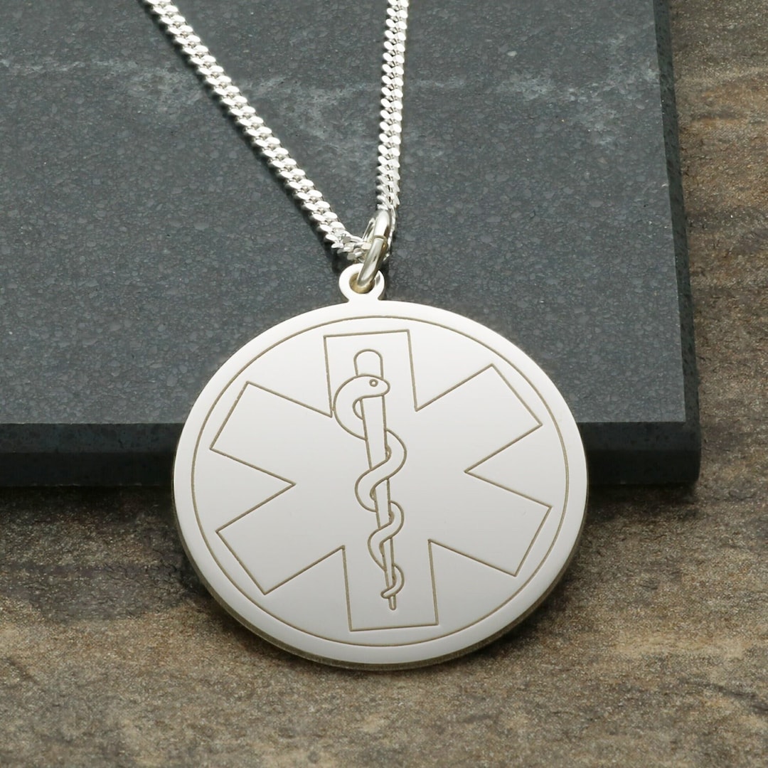 Sterling Silver Medical Alert Round Pendant With Medic Cross and Snake ...