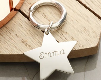 Personalised Engraved Silver Star Keyring - Sterling Silver Keychain - Key Fob - Key Ring -  Gift for Her for Friend - Back Engraving Option