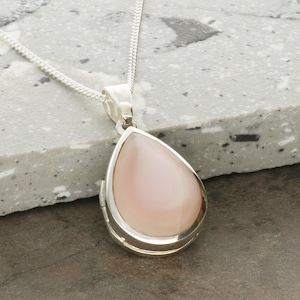 Silver Locket Tear Drop with Mother of Pearl Pink Inlay - Optional Chain - Photo Locket Necklace or Pendant