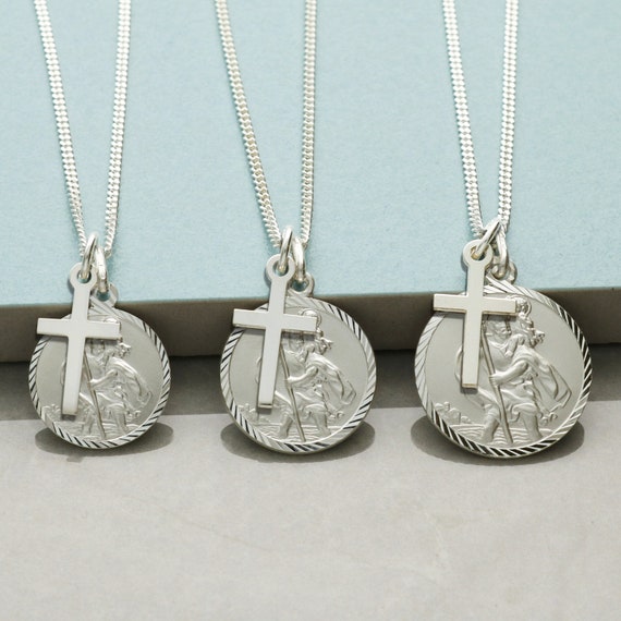 Silver St Christopher Diamond Cut with Cross Pendant, Personalised and Chain Option, Saint Christopher Medal Sizes available 16mm 18mm 20mm