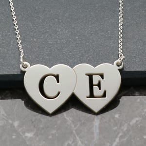 Sterling Silver Personalised Initials Double Heart Necklace, 2 Joining Hearts Pendant with Chain, Jewellery Gift for Girlfriend, Wife, Women