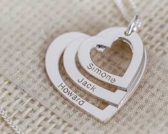 Silver Engraved Three Hearts Necklace Personalised with Names, Mother's Family Triple Hearts Stacking Necklace Gift for a Mum, Wife, Women