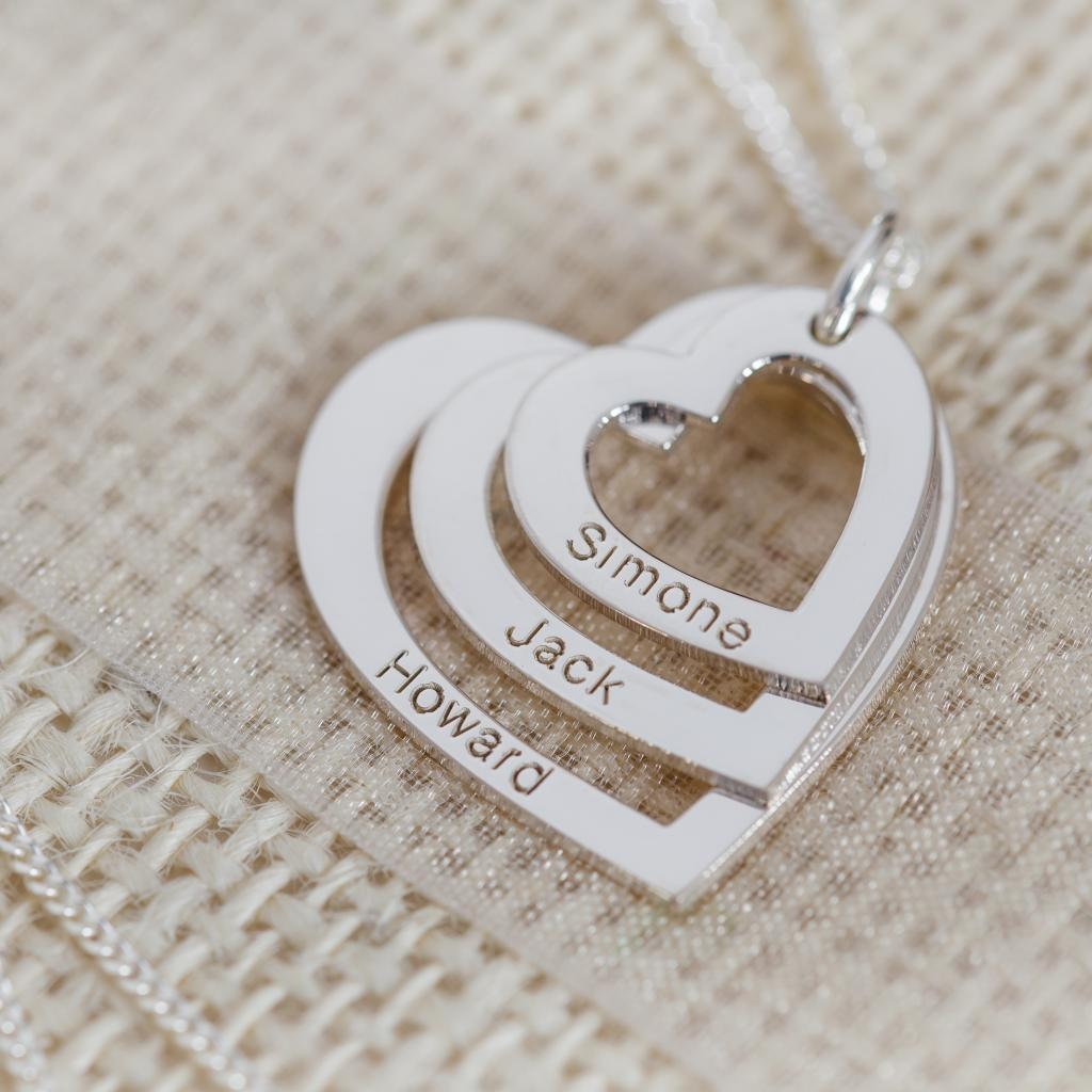 Silver Engraved Three Hearts Necklace Personalised With Names