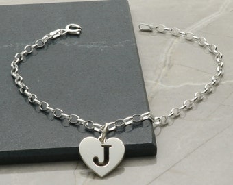 Sterling Silver Initial Heart Charm Anklet -  ANY Initial Ankle Bracele, Silver Belcher Ankle chain  - Gift for Her