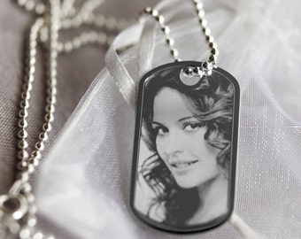 Large Silver Dog Tag Pendant with Photo Image - Your Own Photo Engraved - Optional Bead Ball Chain