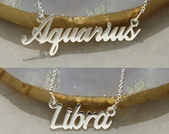 Sterling Silver Zodiac Name Necklace,  Custom Star Sign Name Chain, Font Choice, Birthday Gift for Her