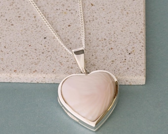 Silver Locket with Pink Mother of Pearl Inlay Personalised Heart Photo Locket - Optional Chain - Picture Locket Gift for Her