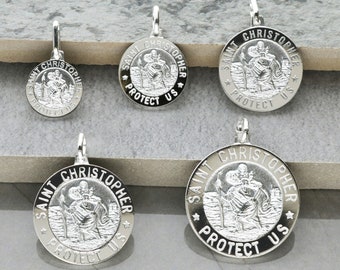 Sterling Silver St Christopher 3D Embossed Pendant, Personalised Option, Saint Medal 5 Sizes available 12mm 15mm 18mm  21mm or 24mm diameter