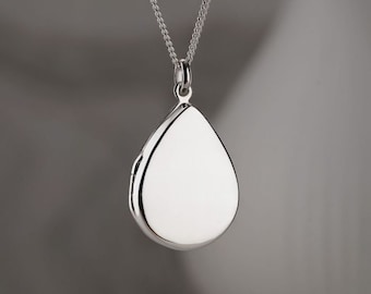Silver Teardrop Shaped Photo Locket Personalised Pendant or Necklace - Optional Chain, Engraved Locket Gift for Her, Wife, Mother, Mum