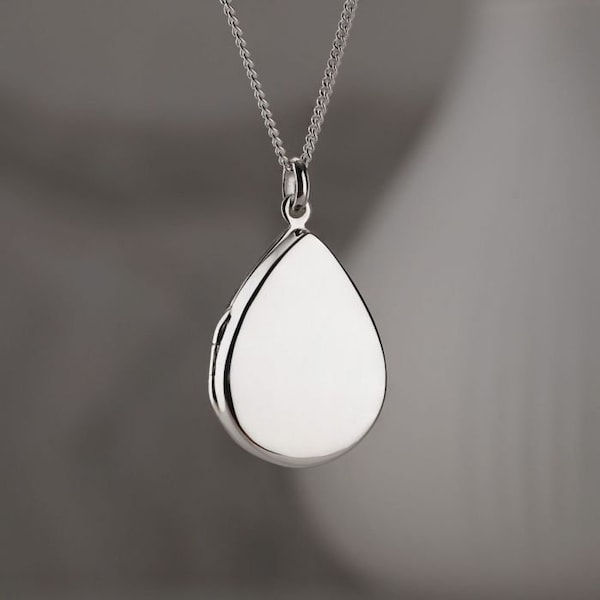 Silver Teardrop Shaped Photo Locket Personalised Pendant or Necklace - Optional Chain, Engraved Locket Gift for Her, Wife, Mother, Mum