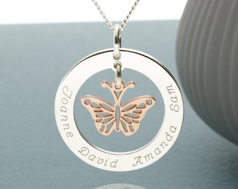 Mother's Family Names Necklace or Pendant Gift - Sterling Silver with Rose Gold or Yellow Gold Plated Hanging Butterfly - Optional Chain