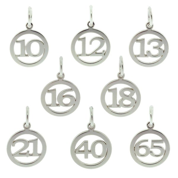 Sterling Silver Birthday Number Age Pendant Round Number Charm, Any Number to 99, 13 16 18th 21st 40th 50th 60th Birthday Number Gift