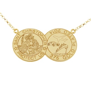 St Christopher Coin Style Necklace Double Coin Disc Pendant Gift for Her 9ct Gold Plated on Sterling Silver + Personalised Engraving Option