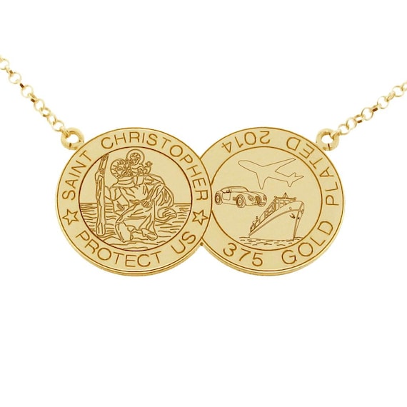 St Christopher Coin Style Necklace Double Coin Disc Pendant Gift for Her 9ct Gold Plated on Sterling Silver Personalised Engraving Option Etsy Canada
