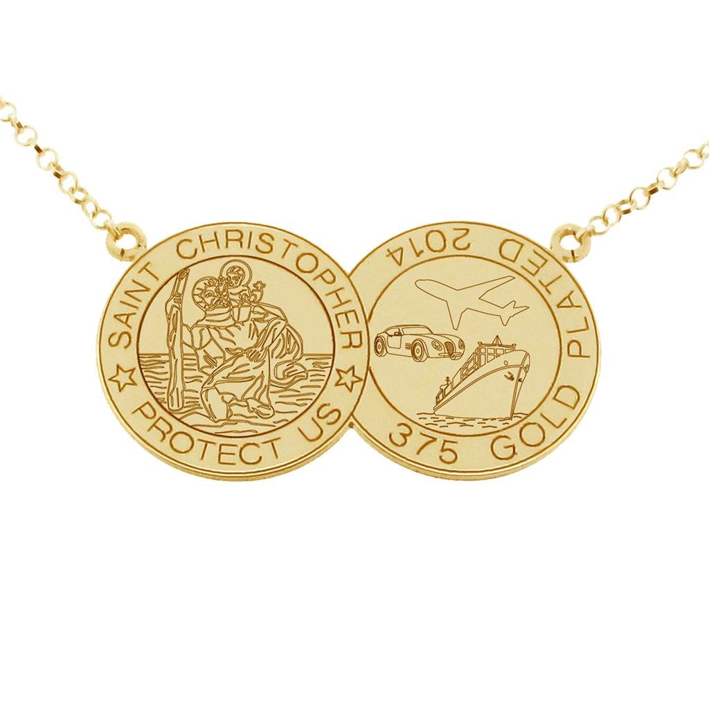 St Christopher Coin Style Necklace Double Coin Disc Pendant Gift for Her 9ct Gold Plated on Sterling Silver Personalised Engraving Option Etsy UK