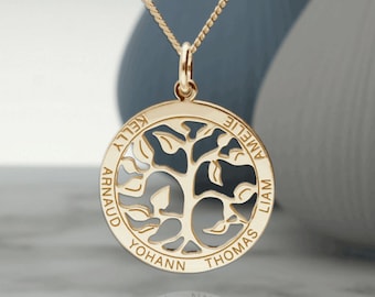 9ct Gold Family Tree of Life Names Disc, Unique Personalised Gift Idea for Her, for Wife, for Mom Mum, Family Necklace or Pendant