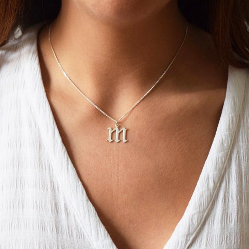Optional Chain 9ct White Gold Gothic Old English ANY Initial Pendant or Necklace Old Style Letter Font in Upper or Lower Case