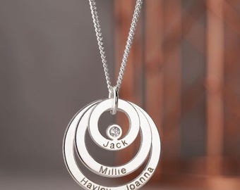Silver Triple Circles & Crystal Necklace with Names - 3 4 5 6 Engraved Family Names on Rings - Personalised Pendant Gift for Mum, Mom, Her