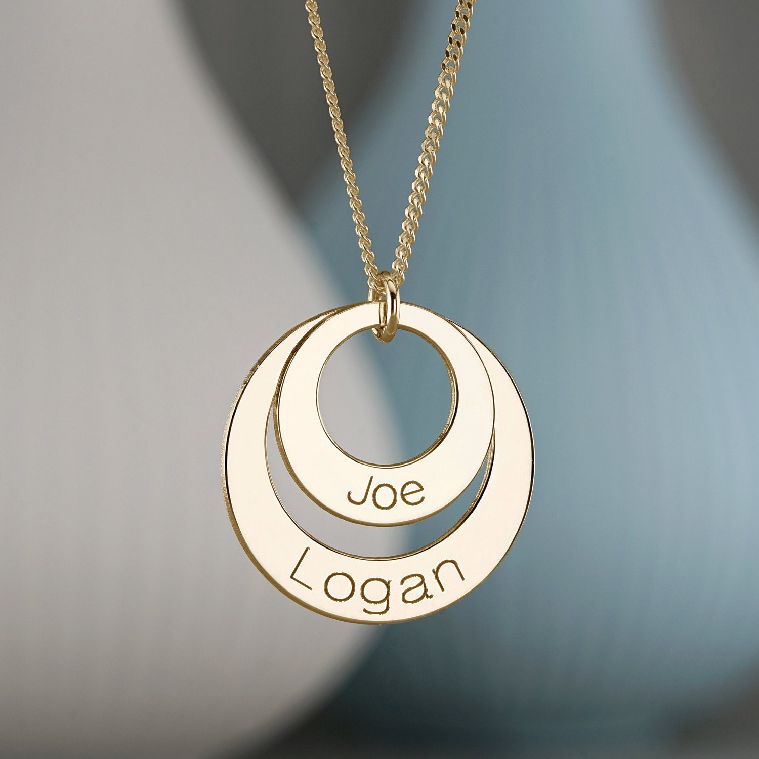 9ct Gold Two Circles With 2 Names Personalised Pendant or 