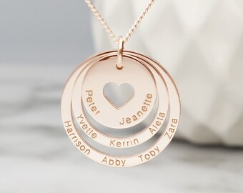 9ct Rose Gold Family Circles and Names Necklace or Pendant - Personalised Gift for Women Mum