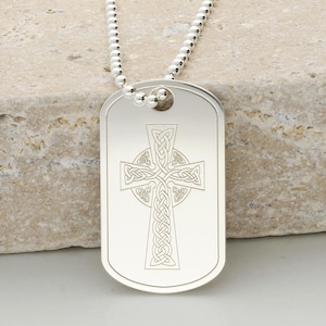 Celtic Cross Silver Dog Tag Pendant or Necklace - Personalised Engraving & Chain Options - Religious Jewellery Gift for Him or Her