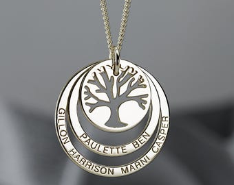 Silver Personalised Family Tree of Life Pendant Necklace with Two Engraved Name Rings - Gift for Wife Mother Mom Mum Women Her