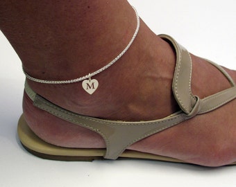 Sterling Silver Ankle Bracelet with Personalised Initial Heart Charm, 10" inch Length, Spiga Wheat Chain Anklet
