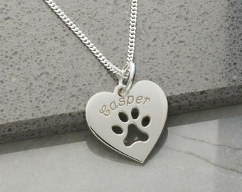 Sterling Silver Paw Print and Personalised Pet Name Heart Pendant with Optional Necklace Chain, Dog or Cat Lover Gift, Pet Memorial Pendant