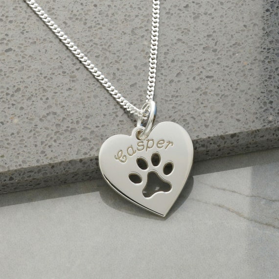 Sterling Silver Heart With Dog Paw Print and Engraved Name Necklace Sterling Silver Heart With Dog Paw Print and Engraved Name Necklace