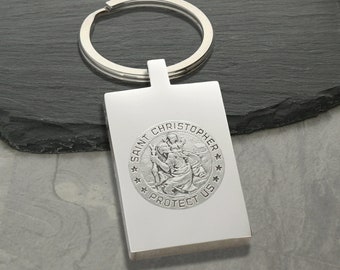 St Christopher Key Ring  with Option for Engraved Protection Prayer or Motorist's Prayer or Custom Engraving Front & Back