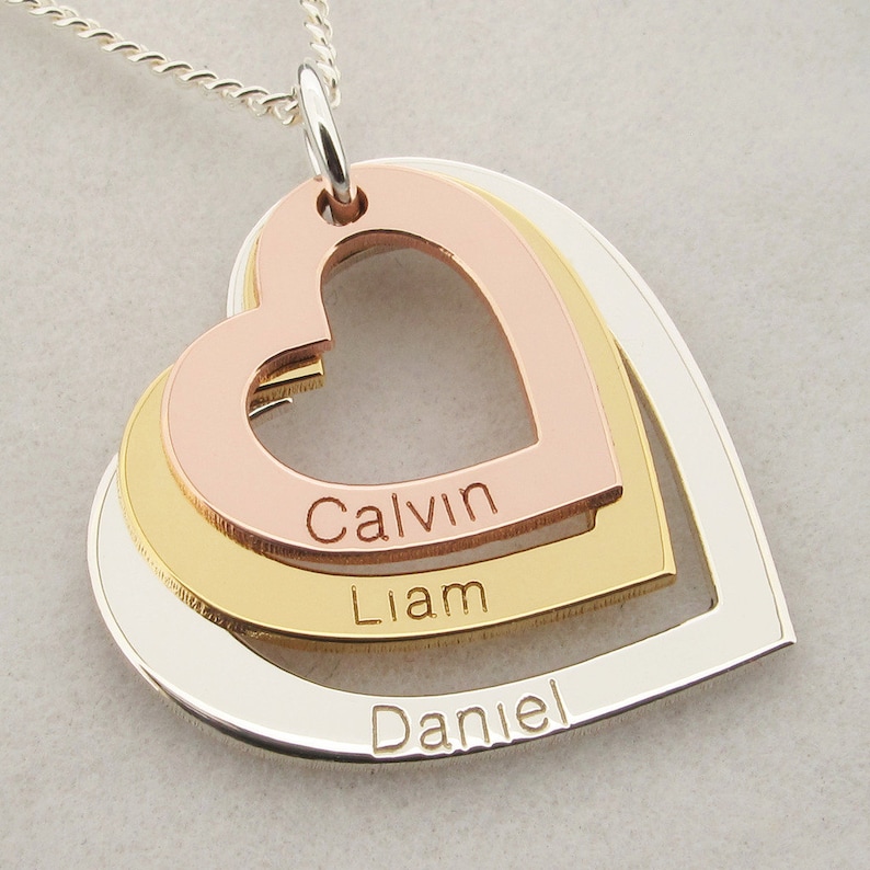 Personalised Family 3 Hearts & Names Necklace Mixed Colours 9ct Rose Yellow Gold Plated on Silver image 1