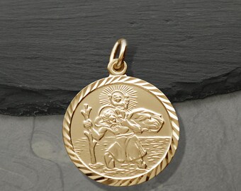 St Christopher Gold Plated Pendant, Diamond Cut Border Edge, 19mm Diameter Size, Necklace Chain & Personalised Engraving Option