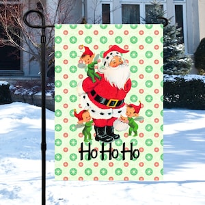 Christmas Garden Flag, Retro Santa Elves Flag, Ho Ho Ho Santa Banner, Holiday House Banner, Vintage Style Elves Flag, Outdoor Holiday Décor