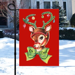 Christmas Garden Flag, Holiday House Banner, Retro Style Reindeer Flag, Vintage Look Flag, Christmas Reindeer Flag, Outdoor Christmas Décor