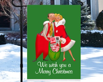 Christmas Garden Flag, Holiday House Banner, Retro Style Christmas Couple Flag, Vintage Look Flag, Outdoor Christmas Decor, Merry Christmas