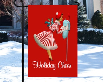 Christmas Garden Flag, Holiday House Banner, Retro Style Holiday Flag, Outdoor Christmas Décor, Christmas 50's Flag, Vintage Look Flag