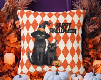 Almohada retro de Halloween, almohada de Halloween de mediados de siglo, almohada de gatos negros, almohada decorativa de gatos de Halloween, decoración de Halloween, sombreros de bruja vintage