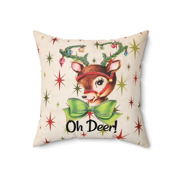 Christmas Reindeer Pillow, Vintage Look Holiday Throw Pillow, Retro Reindeer Pillow, Retro Christmas Decor, 50's Reindeer Throw Pillow