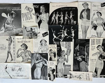 Undergarments Ephemera Pack, ORIGINAL Vintage Ad's, 50's Advertisements, Junk Journal, Smash Book, Retro Bras, Girdles, Scrapbooking, 20 Pcs