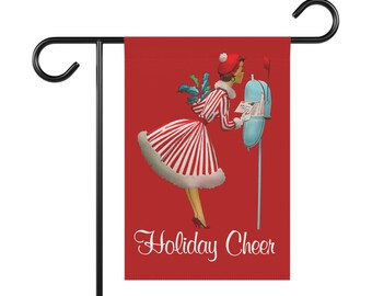 Retro Christmas Garden Flag, Mid Century Modern Holiday Flag, Vintage 50s Holiday Cheer Yard Decor, MCM Christmas House Banner Gift