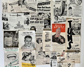 Health Ephemera Pack, ORIGINAL Vintage Ad's, 50's Advertisements, Junk Journal, Retro Oral Care, Pain & Stomach Aids, Scrapbook, 22 Pcs