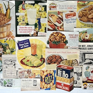 Food Ephemera Pack, ORIGINAL Vintage Ad's, 50's Advertisements, Junk Journal, Retro Fifties Food Ads, Variety of Sizes, Scrapbooking, 20 Pcs